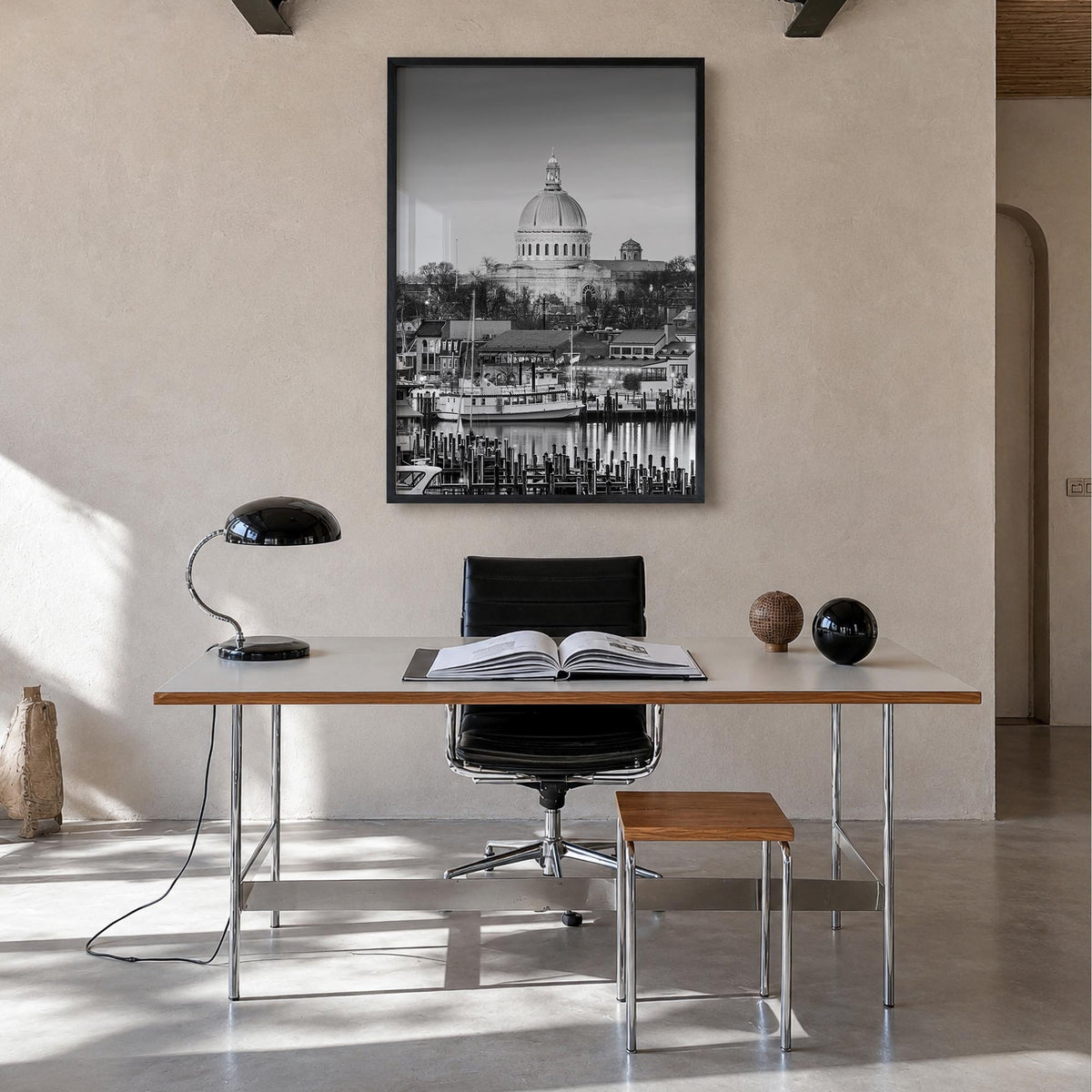 Annapolis no. 1 black & white photo poster of Maryland, USA – vertical wall art in black wood frame, hanging on wall