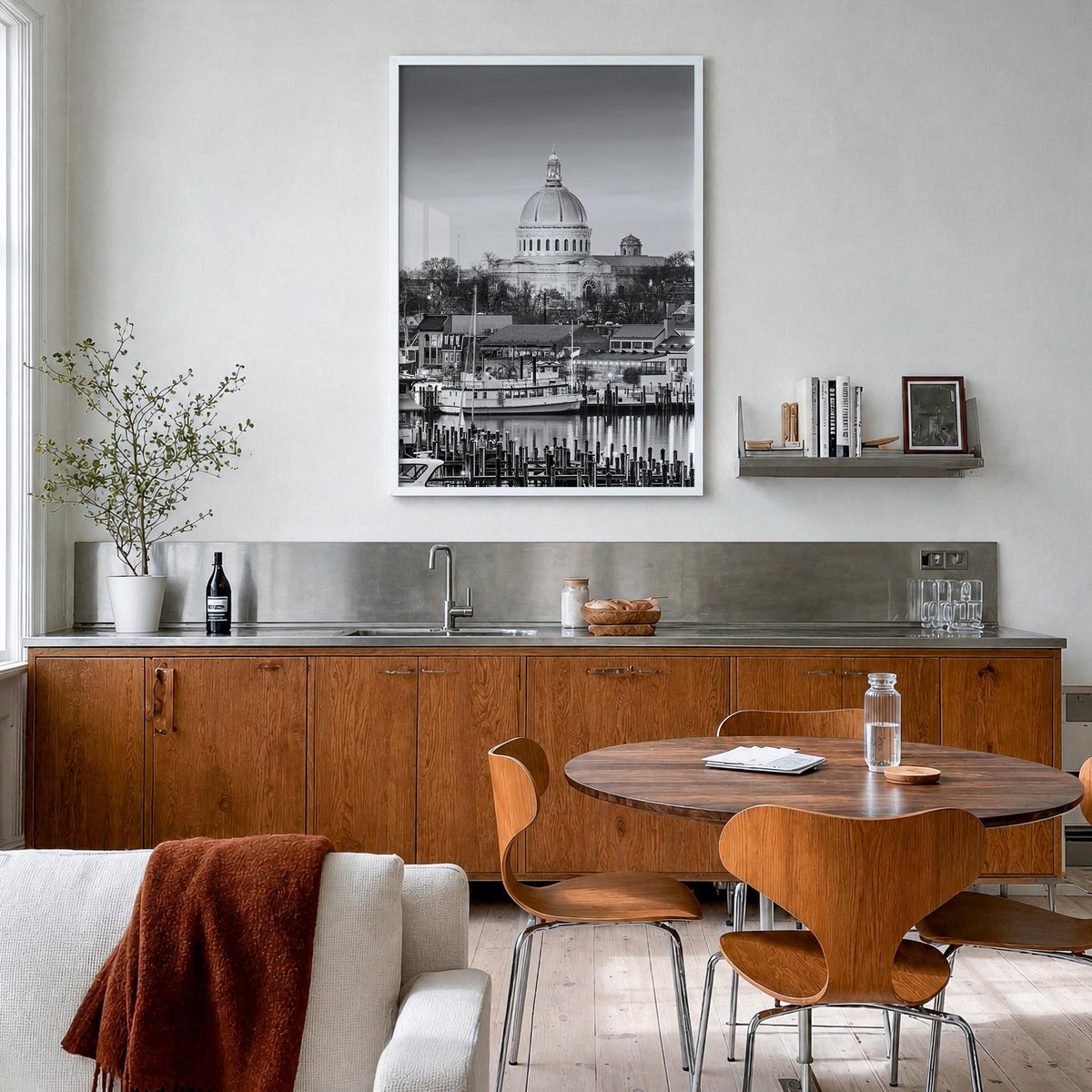 Annapolis no. 1 black & white photo poster of Maryland, USA – vertical wall art in white wood frame, hanging on wall