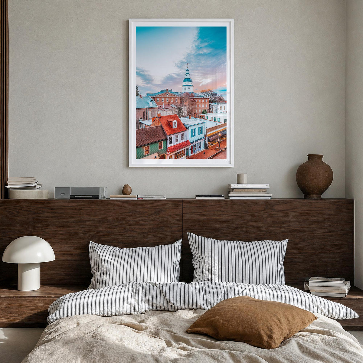 Annapolis no. 1 colorful photo poster of Maryland, USA – vertical wall art in white wood frame with white border, hanging on 