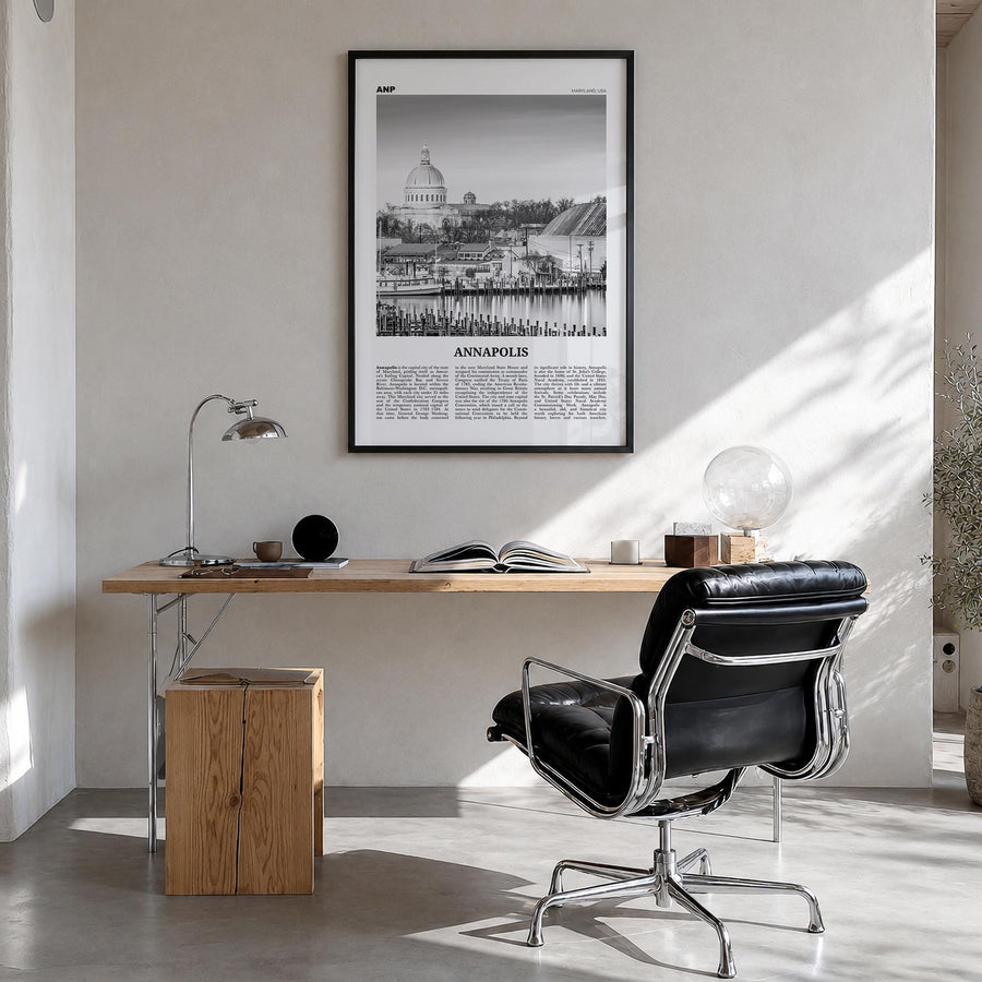Annapolis no. 2 black & white newspaper poster of Maryland, USA – vertical wall art in black wood frame, hanging on wall
