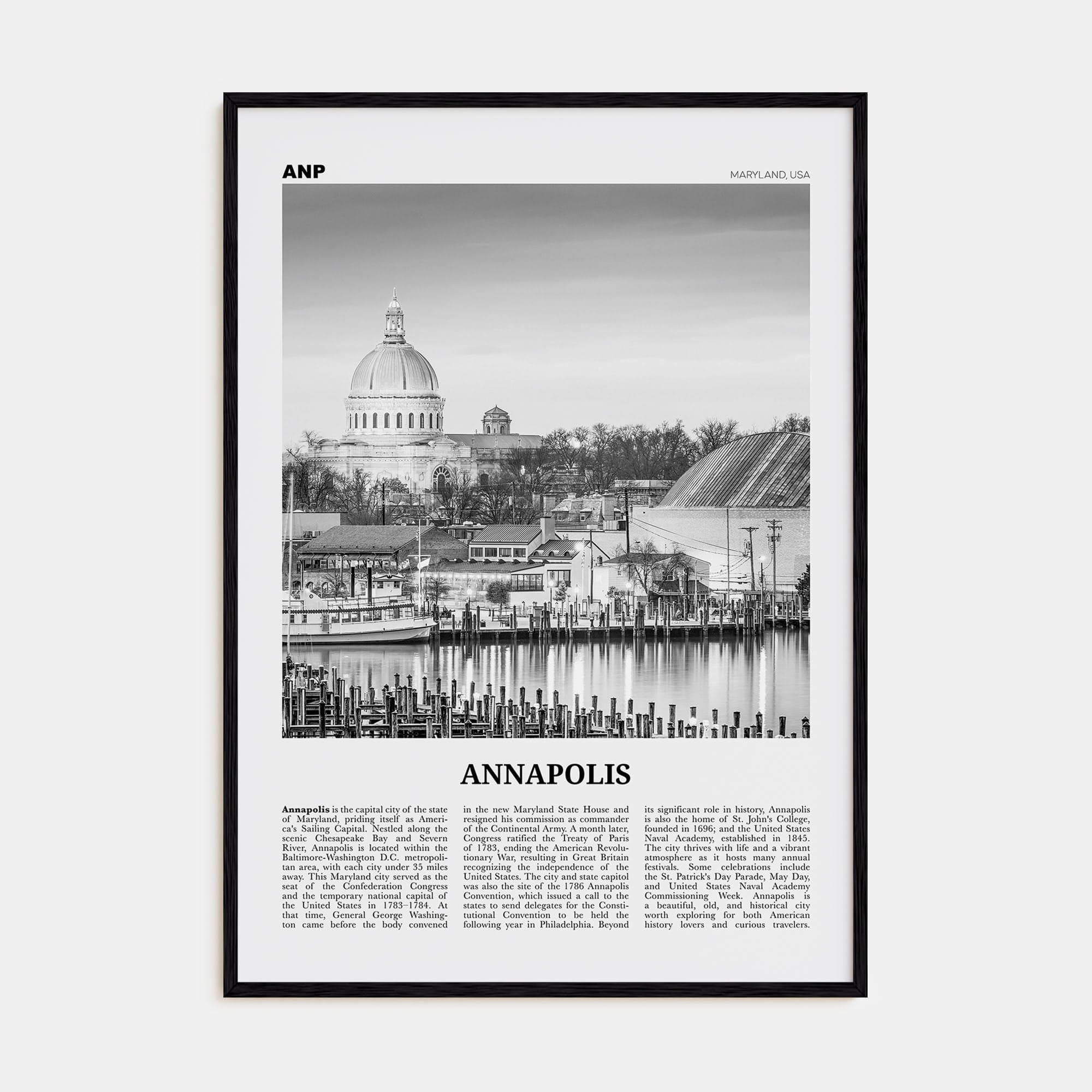 Annapolis No 2 Poster Black Wood / 8x12 in Nbourhood Travel B&W Poster