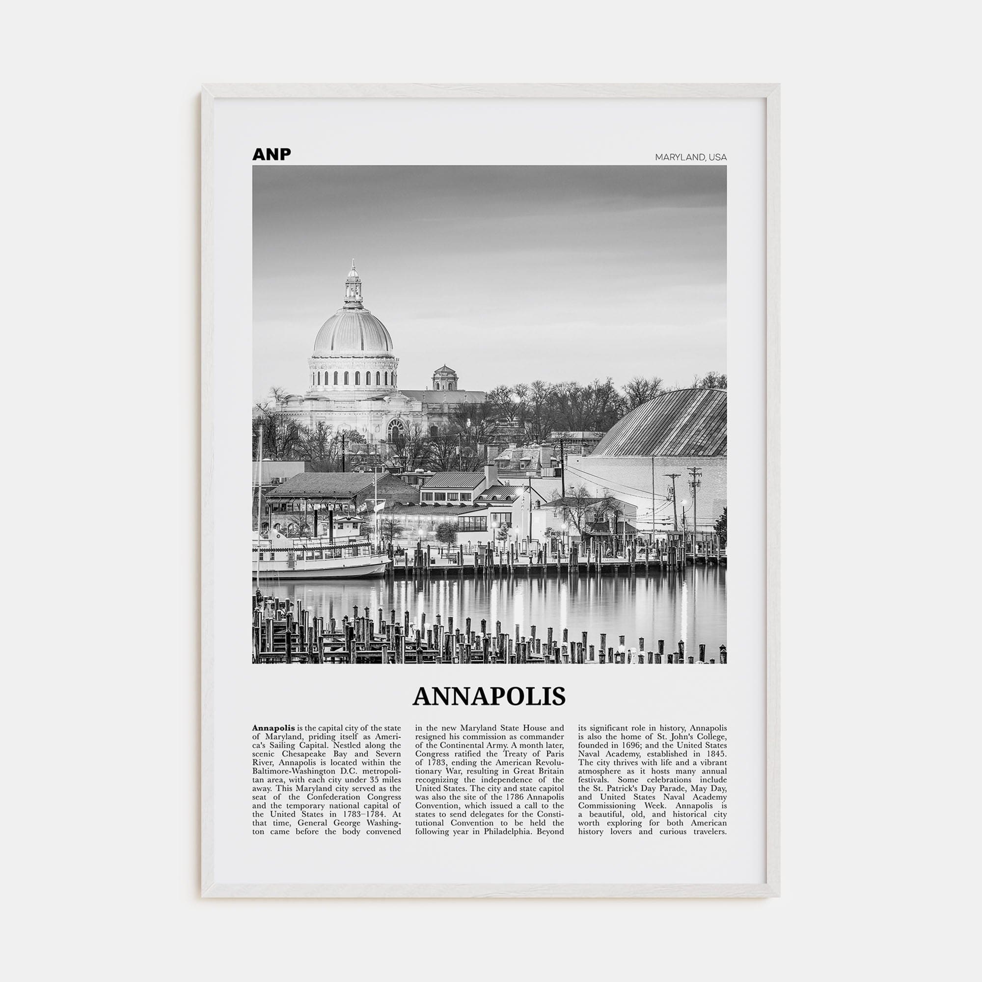 Annapolis No 2 Poster White Wood / 8x12 in Nbourhood Travel B&W Poster