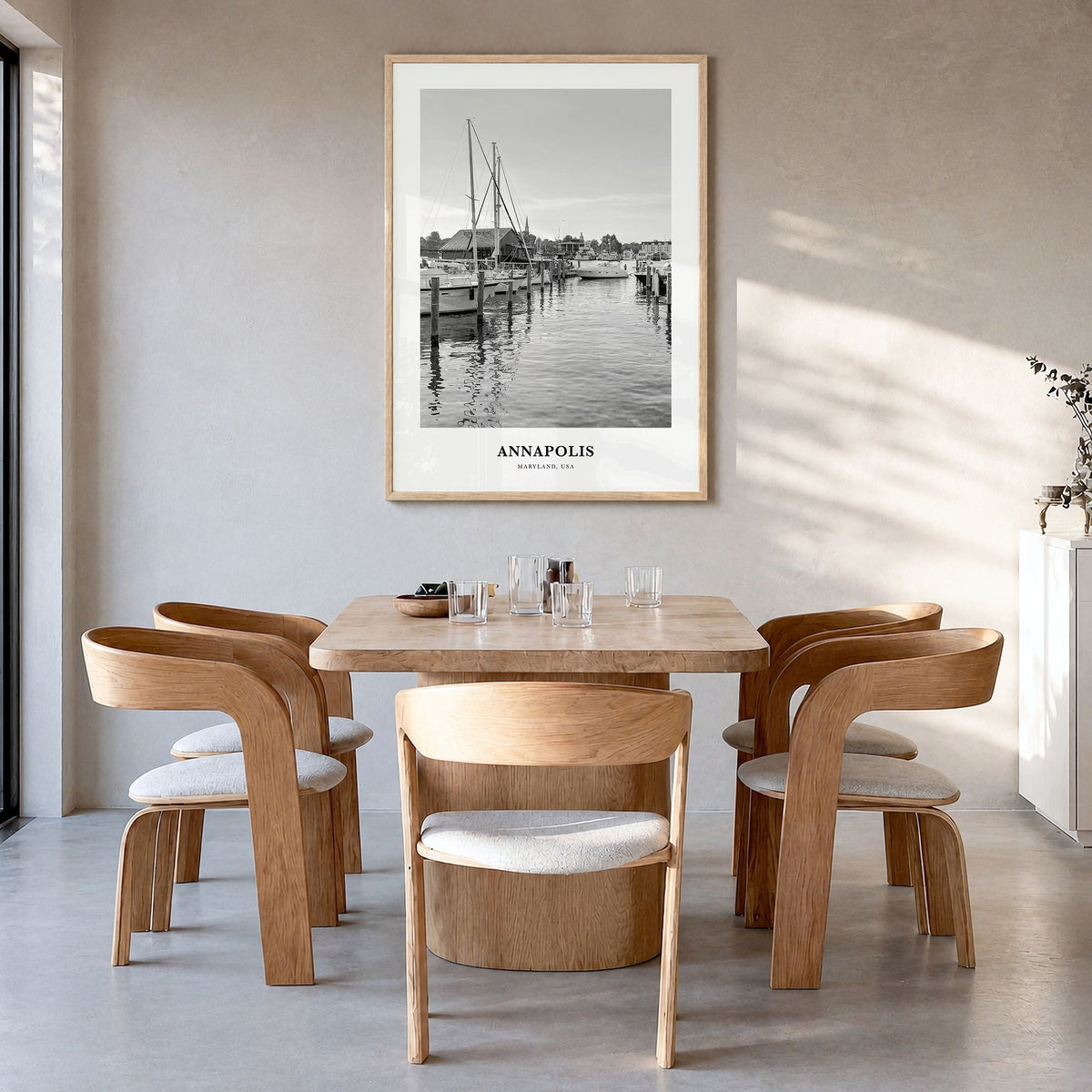 Annapolis Classic No 2 Poster in a natural wood frame, hanging in a dining room