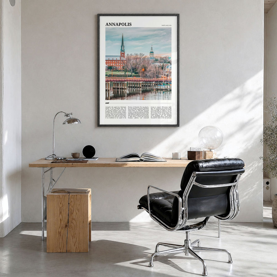 Annapolis Travel Poster in a black wood frame, hanging in a bright home office