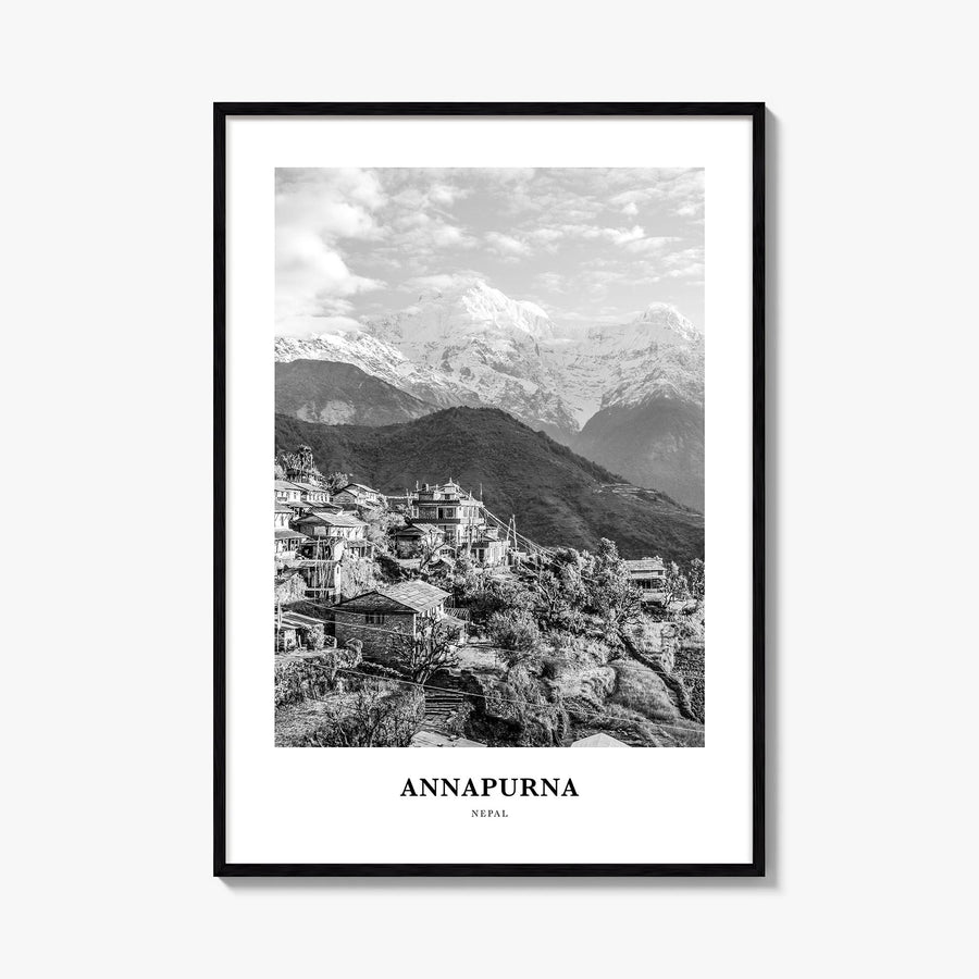 Annapurna black & white classic poster of Nepal – vertical wall art, unframed print shown in interior mockup