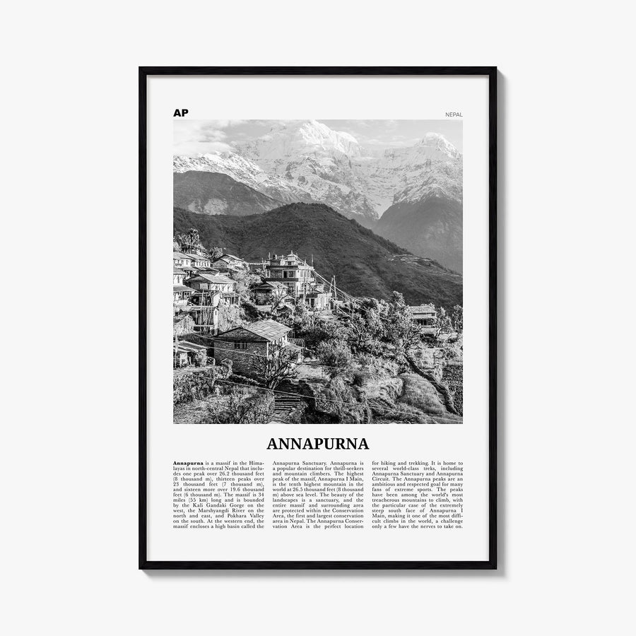 Annapurna black & white newspaper poster of Nepal – vertical wall art, unframed print shown in interior mockup