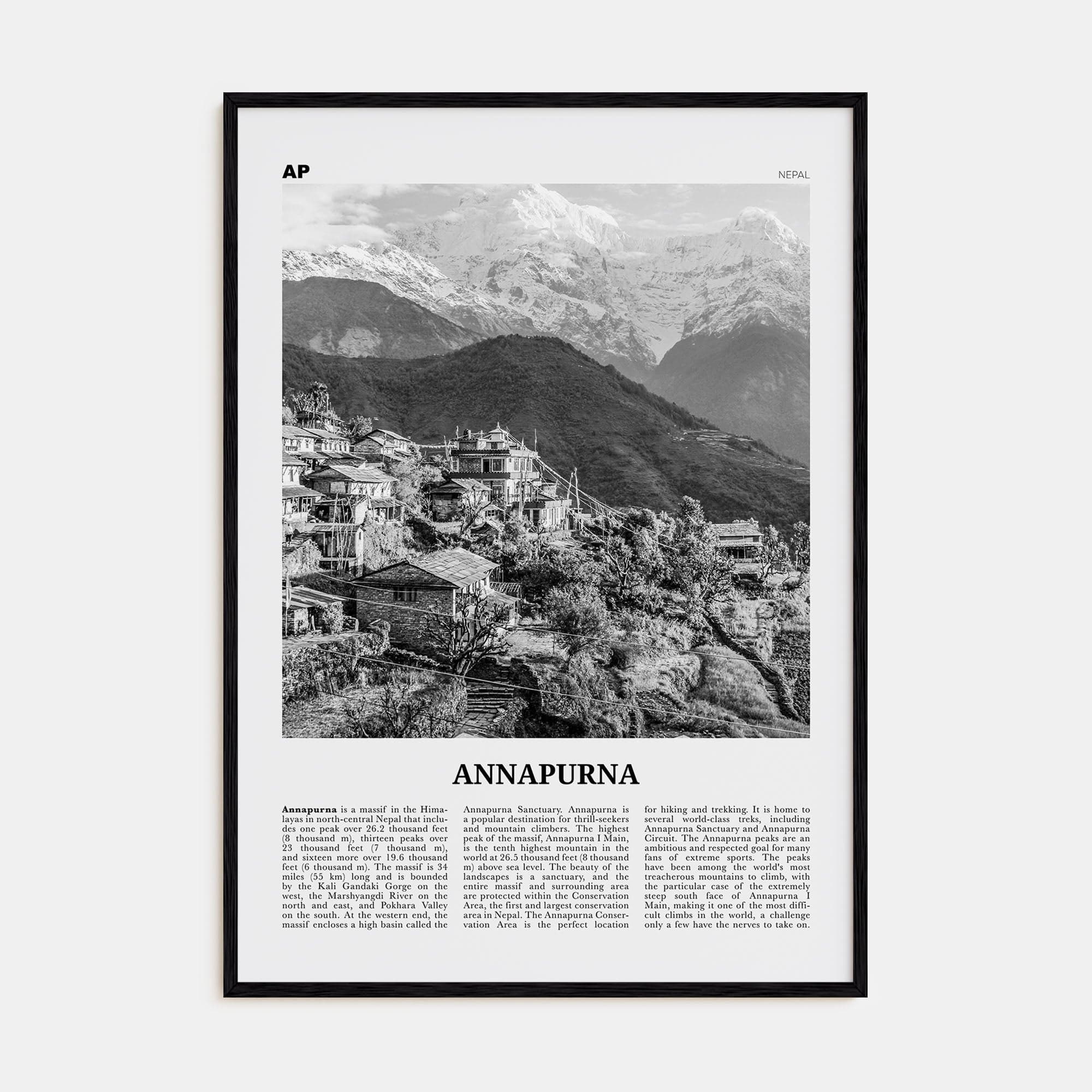 Annapurna Poster Black Wood / 8x12 in Nbourhood Travel B&W Poster