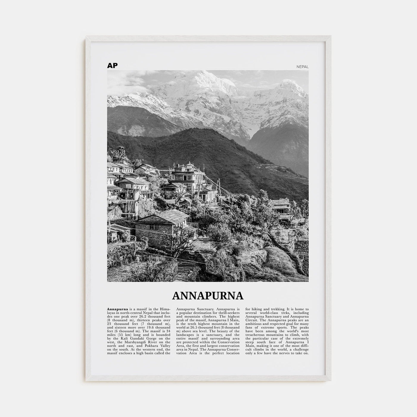 Annapurna Poster White Wood / 8x12 in Nbourhood Travel B&W Poster