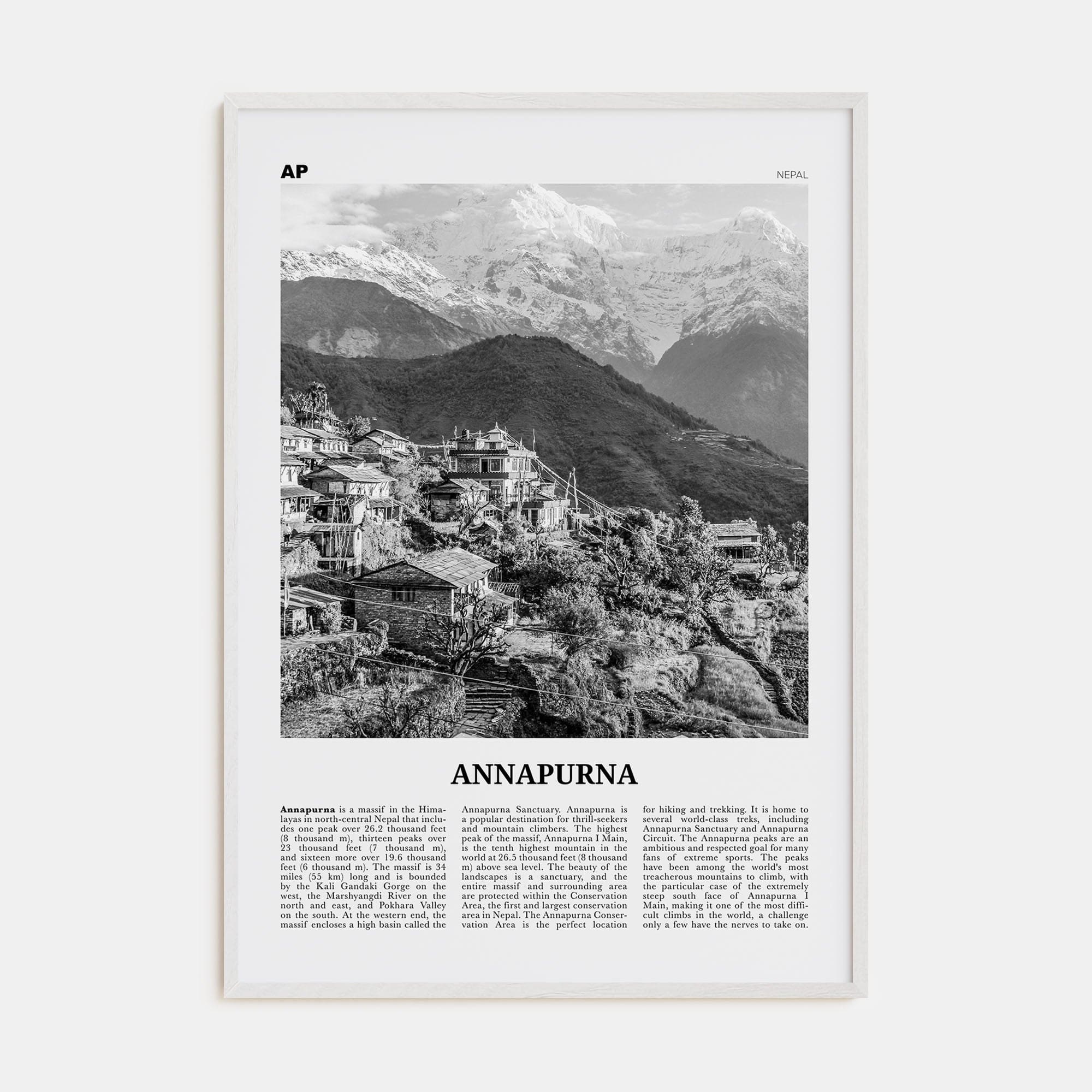 Annapurna Poster White Wood / 8x12 in Nbourhood Travel B&W Poster