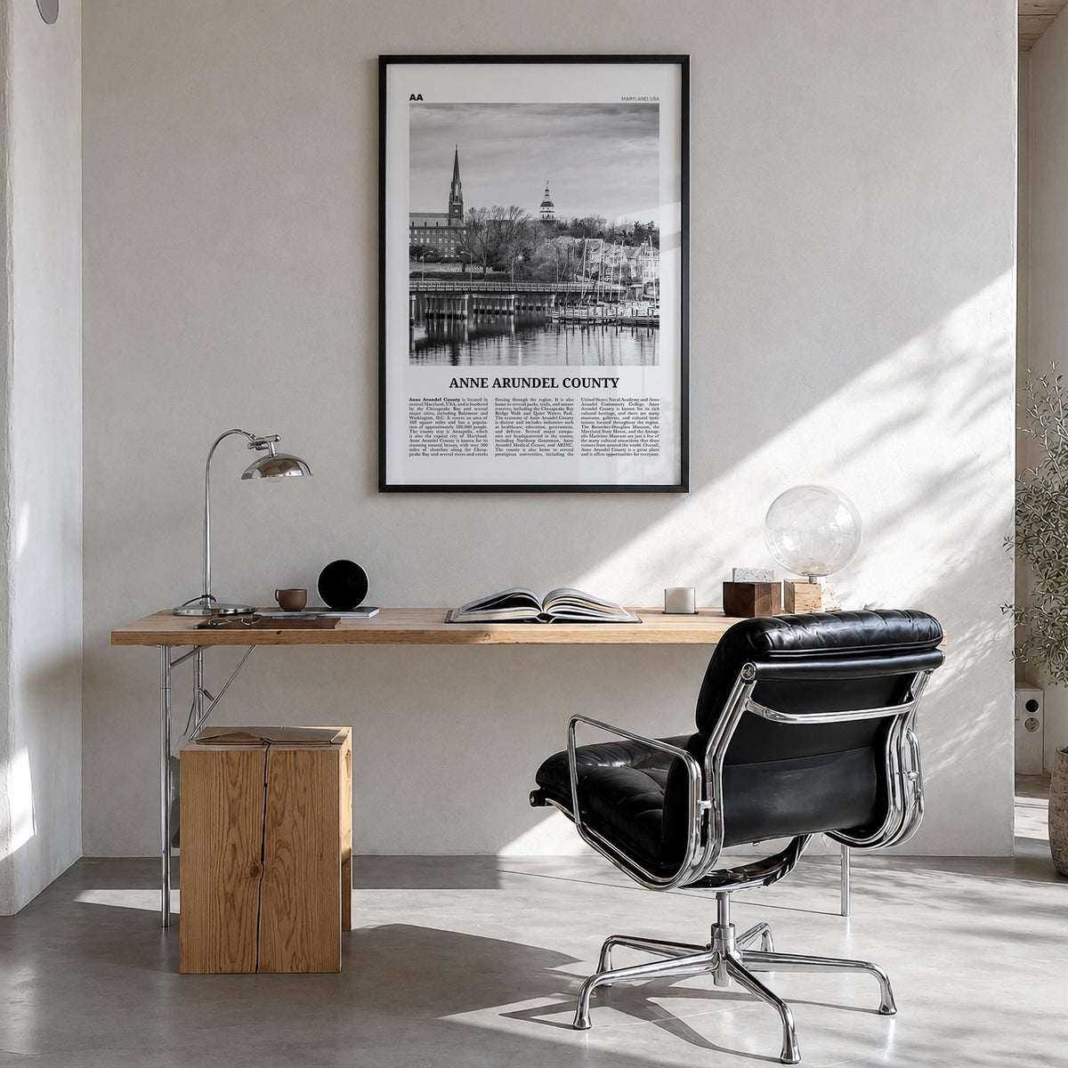 Anne Arundel County black & white newspaper poster of Maryland, USA – vertical wall art in black wood frame, hanging on wall