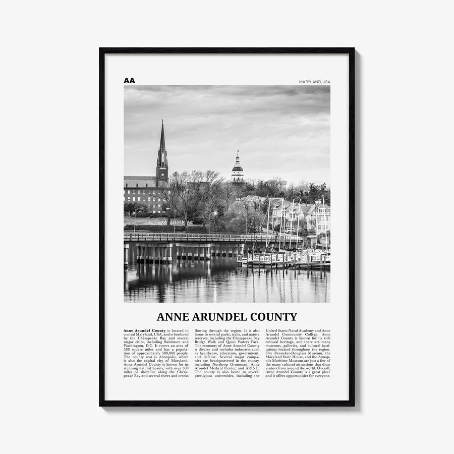 Anne Arundel County black & white newspaper poster of Maryland, USA – vertical wall art, unframed print shown in interior moc