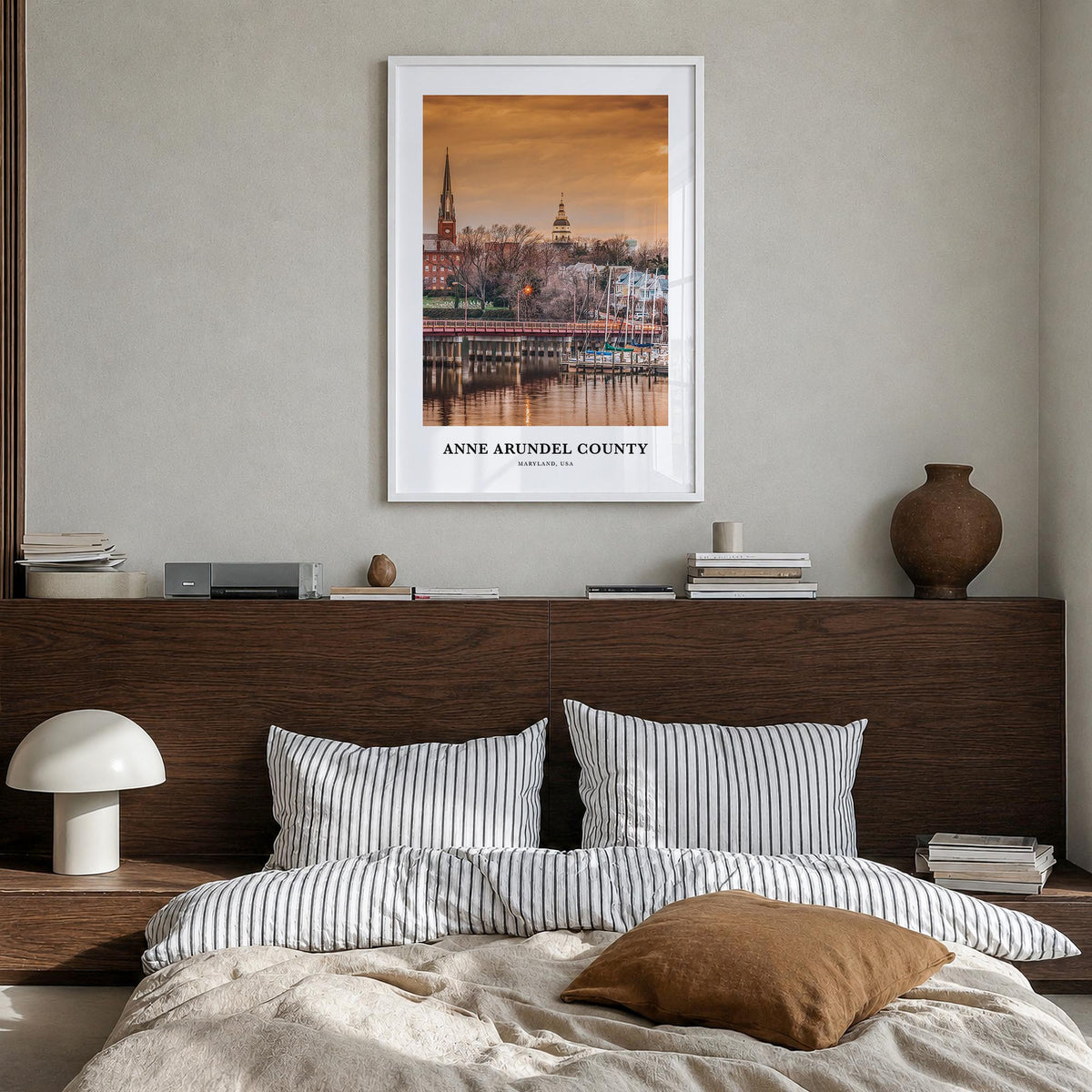 Anne Arundel County colorful classic poster of Maryland, USA – vertical wall art in white wood frame, hanging on wall