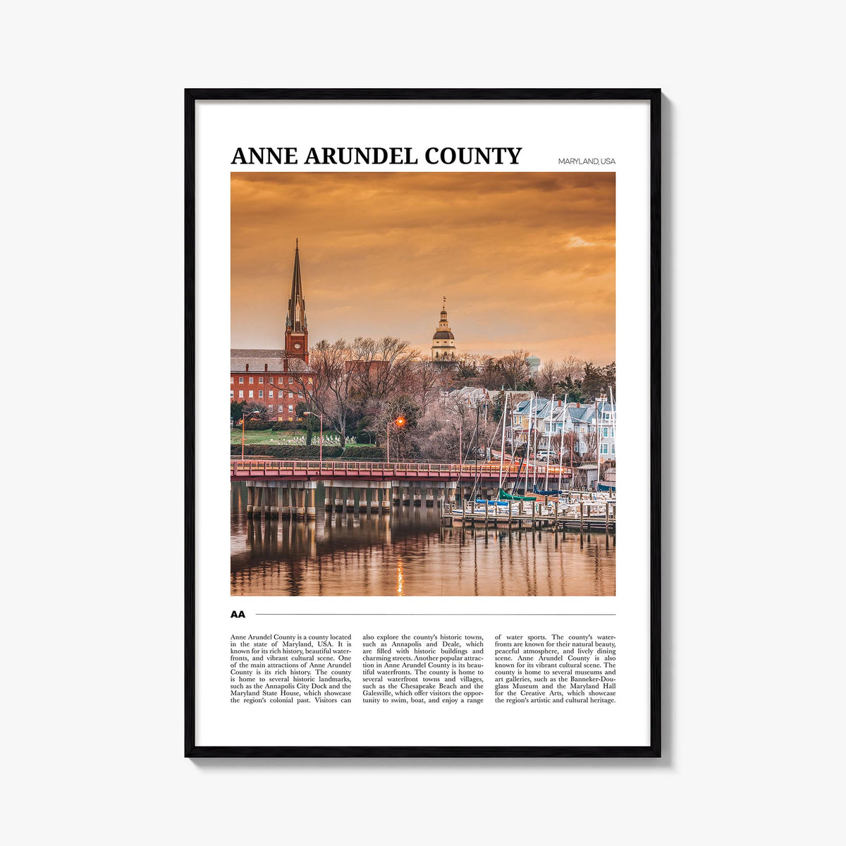 Anne Arundel County colorful travel poster of Maryland, USA – vertical wall art, unframed print shown in interior mockup