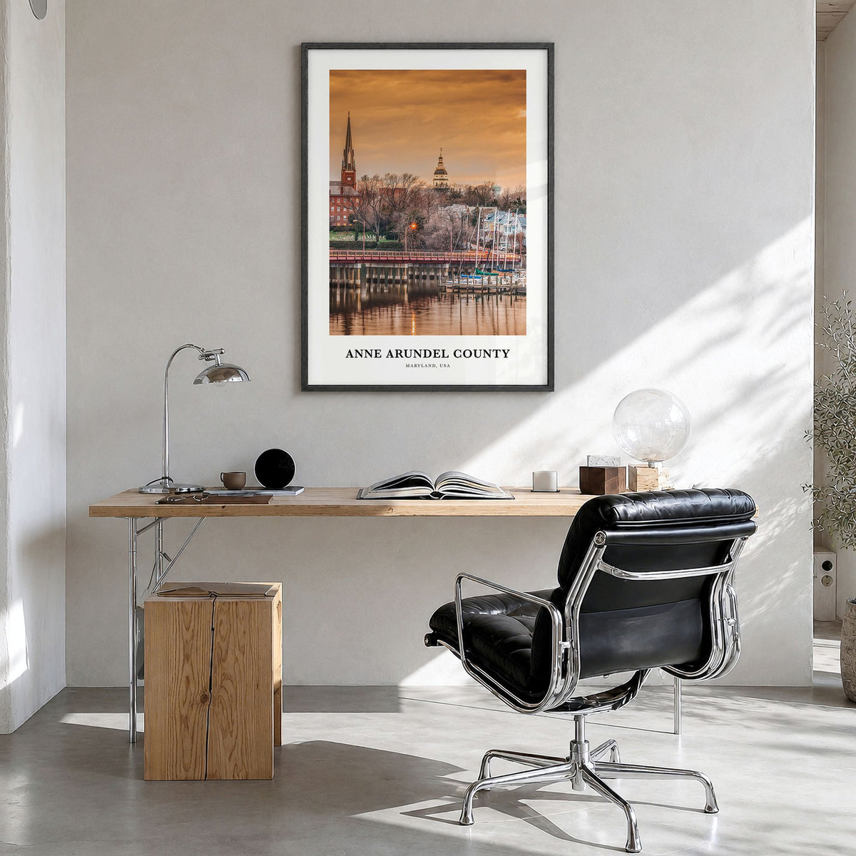 Anne Arundel County Classic Poster in a black wood frame, hanging in a bright home office
