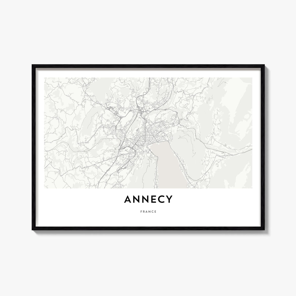 Annecy black & white map poster of France – horizontal wall art, unframed print shown in interior mockup