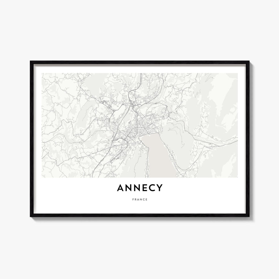 Annecy black & white map poster of France – horizontal wall art, unframed print shown in interior mockup