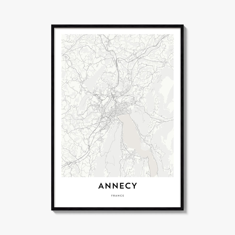 Annecy black & white map poster of France – vertical wall art, unframed print shown in interior mockup