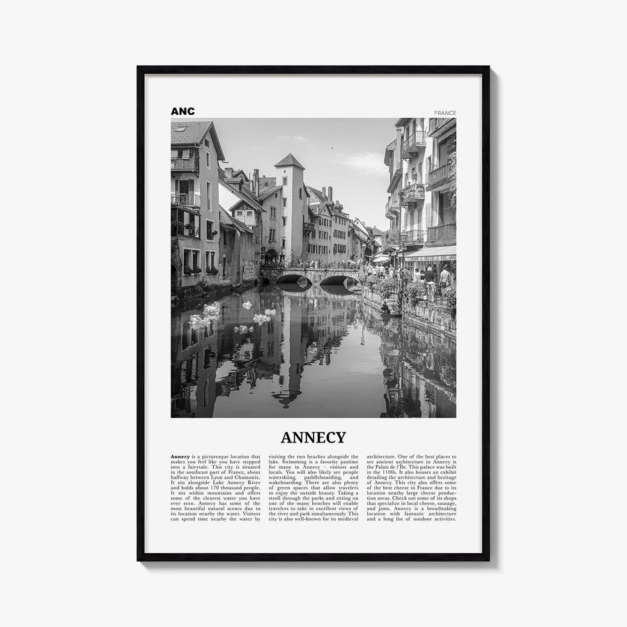 Annecy black & white newspaper poster of France – vertical wall art, unframed print shown in interior mockup