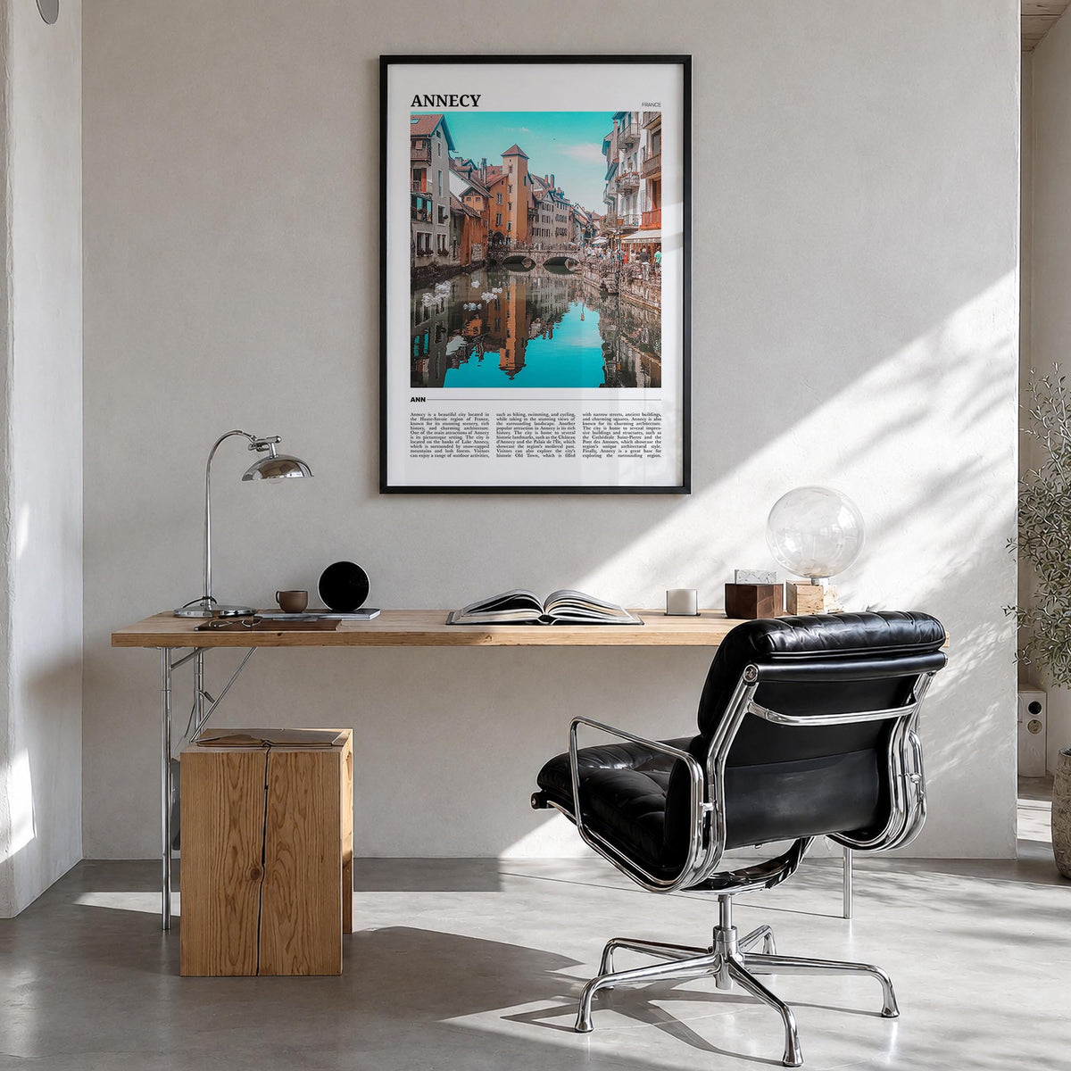 Annecy colorful travel poster of France – vertical wall art in black wood frame, hanging on wall
