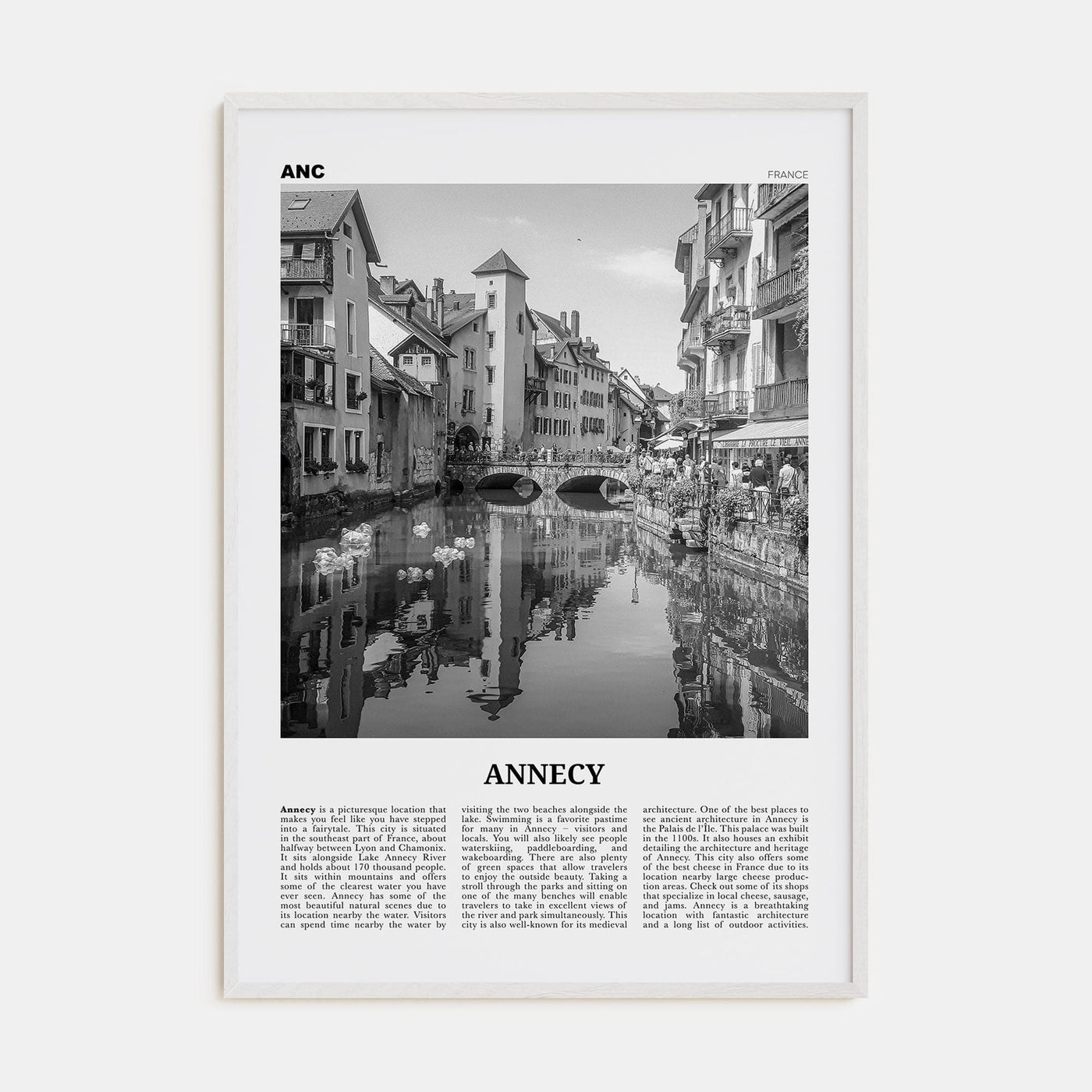 Annecy Poster White Wood / 8x12 in Nbourhood Travel B&W Poster