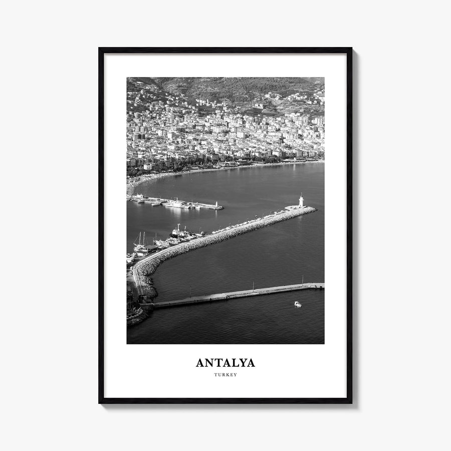 Antalya black & white classic poster of Türkiye – vertical wall art, unframed print shown in interior mockup