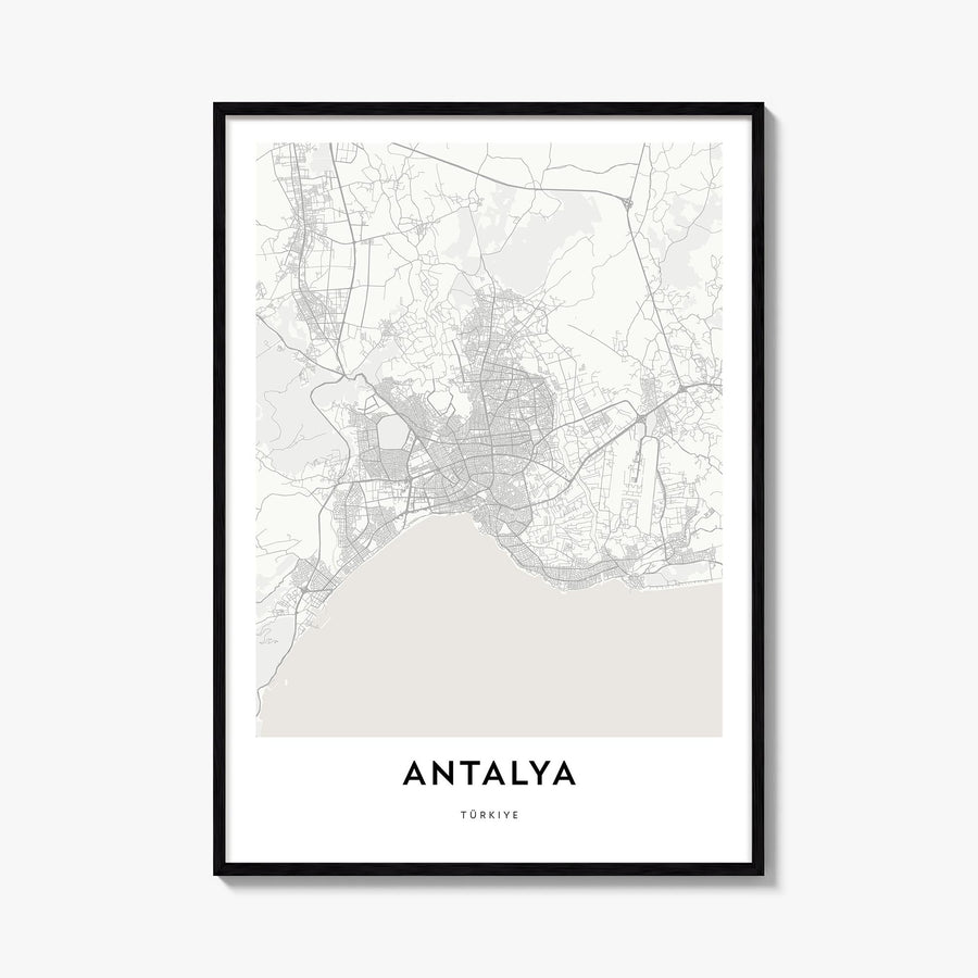 Antalya black & white map poster of Türkiye – vertical wall art, unframed print shown in interior mockup
