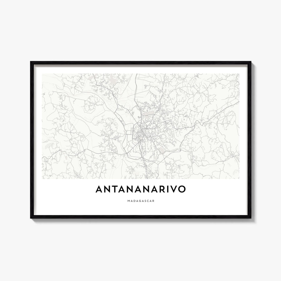 Antananarivo black & white map poster of Madagascar – horizontal wall art, unframed print shown in interior mockup