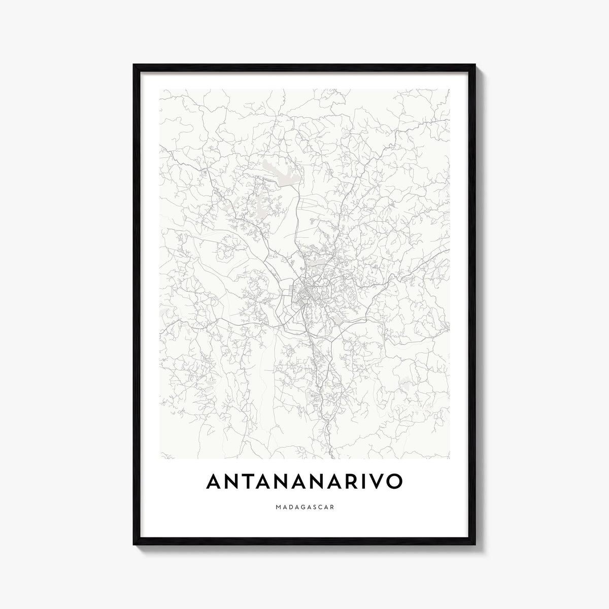 Antananarivo black & white map poster of Madagascar – vertical wall art, unframed print shown in interior mockup