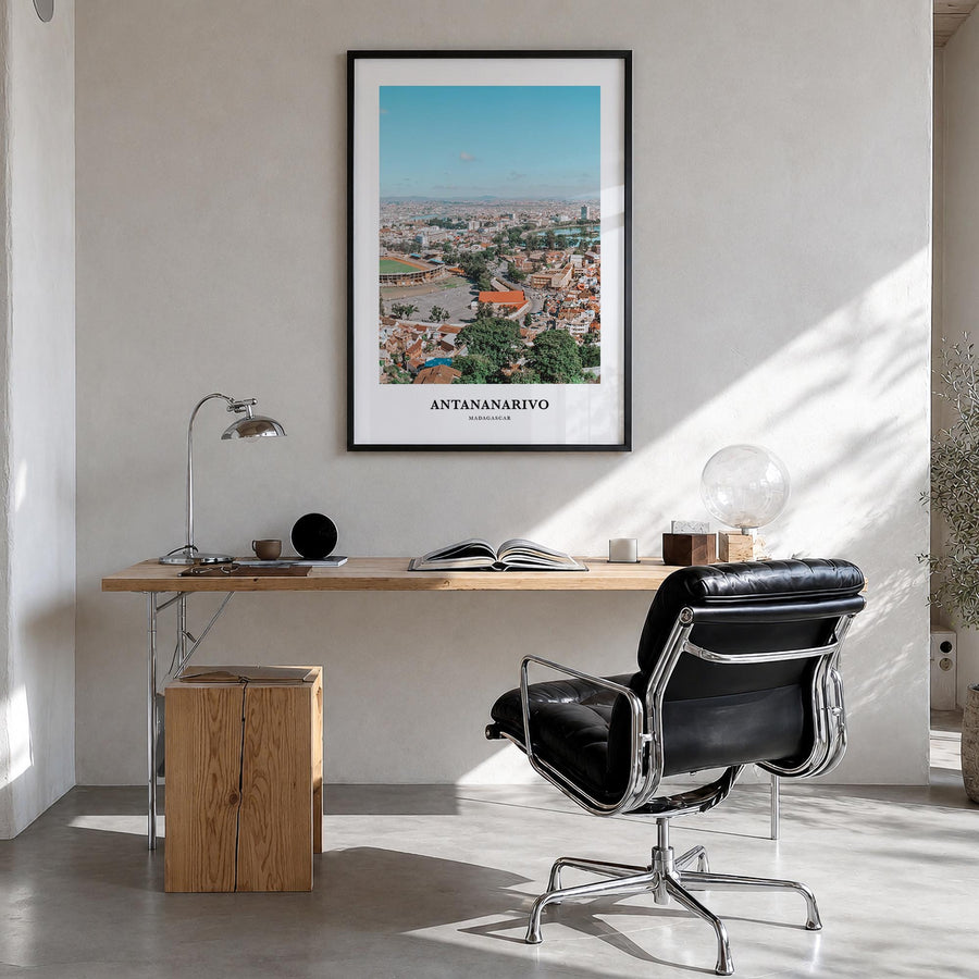 Antananarivo colorful classic poster of Madagascar – vertical wall art in black wood frame, hanging on wall