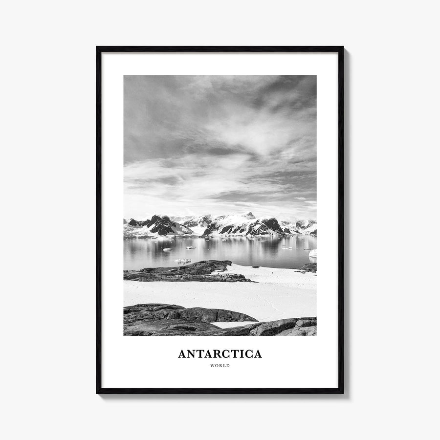 Antarctica black & white classic poster of World – vertical wall art, unframed print shown in interior mockup