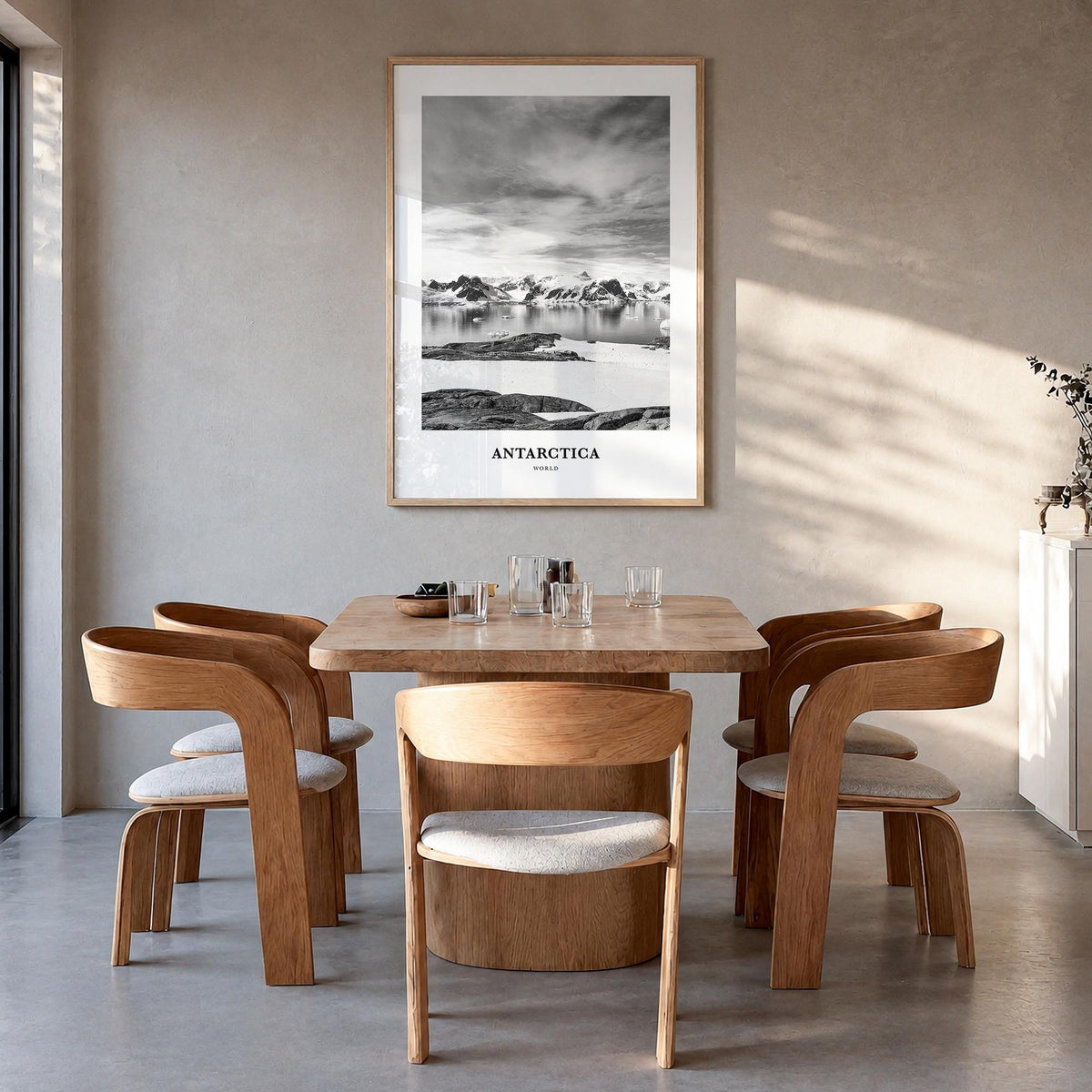Antarctica black & white classic poster of World – vertical wall art in natural wood frame, hanging on wall