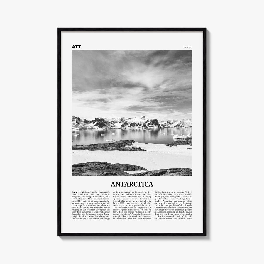 Antarctica black & white newspaper poster of World – vertical wall art, unframed print shown in interior mockup