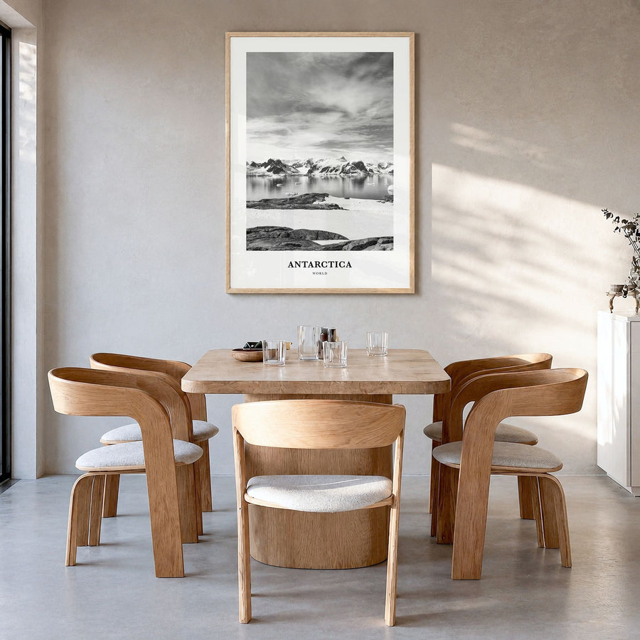 Antarctica Classic Poster in a natural wood frame, hanging in a dining room
