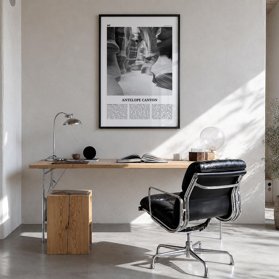 Antelope Canyon black & white newspaper poster of Arizona, USA – vertical wall art in black wood frame, hanging on wall