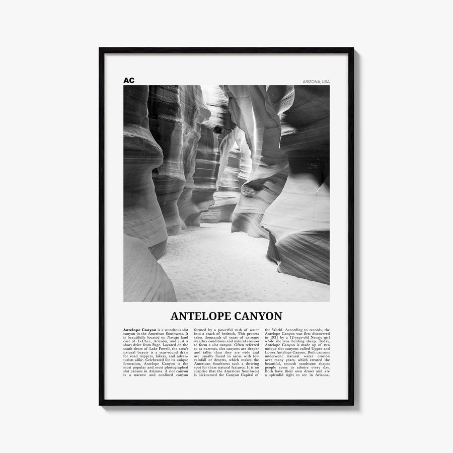 Antelope Canyon black & white newspaper poster of Arizona, USA – vertical wall art, unframed print shown in interior mockup
