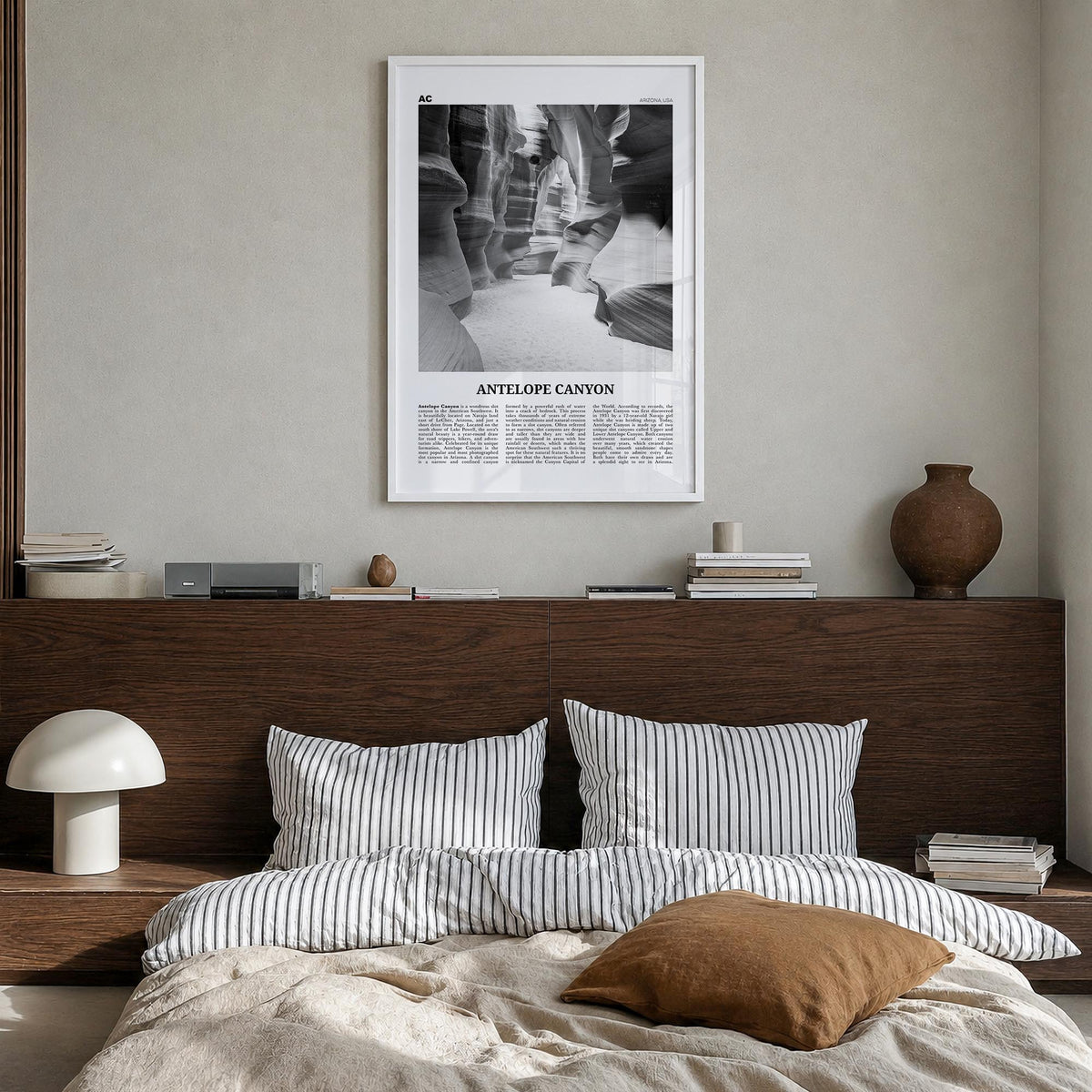 Antelope Canyon black & white newspaper poster of Arizona, USA – vertical wall art in white wood frame, hanging on wall