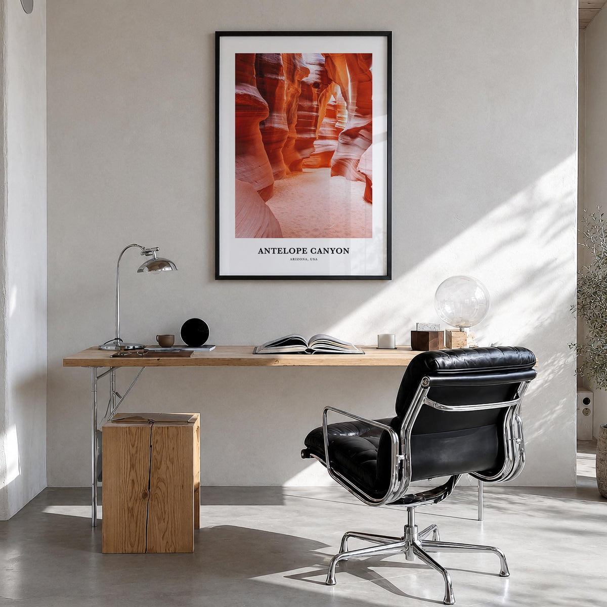 Antelope Canyon colorful classic poster of Arizona, USA – vertical wall art in black wood frame, hanging on wall