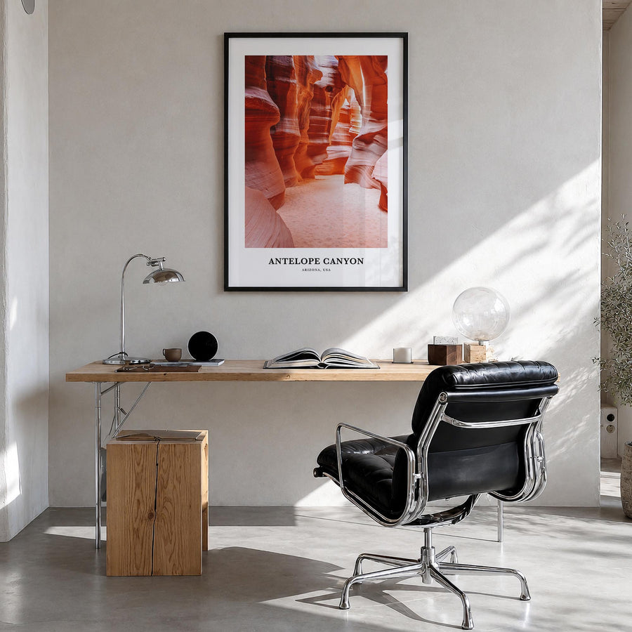 Antelope Canyon colorful classic poster of Arizona, USA – vertical wall art in black wood frame, hanging on wall