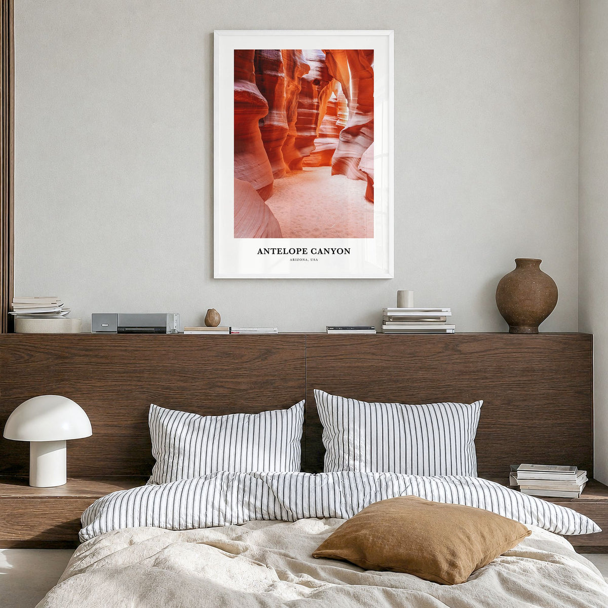 Antelope Canyon Classic Poster in a white wood frame, hanging in a bedroom