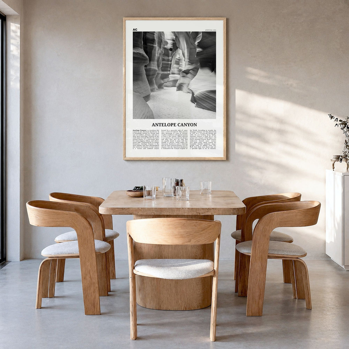 Antelope Canyon Newspaper Poster in a natural wood frame, hanging in a dining room