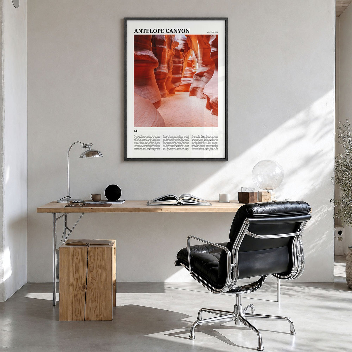 Antelope Canyon Travel Poster in a black wood frame, hanging in a bright home office
