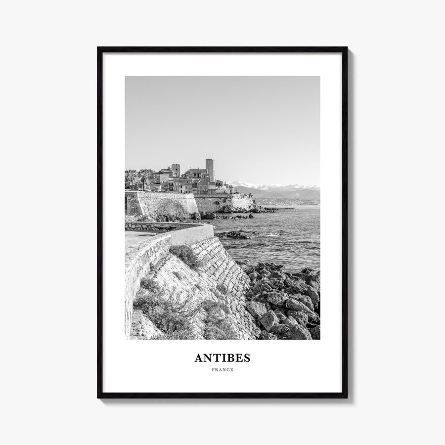 Antibes black & white classic poster of France – vertical wall art, unframed print shown in interior mockup
