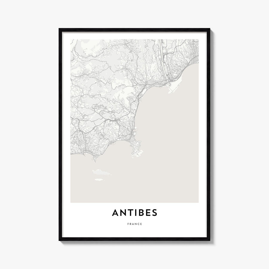 Antibes black & white map poster of France – vertical wall art, unframed print shown in interior mockup