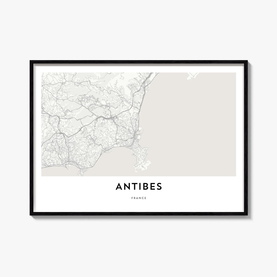Antibes black & white map poster of France – horizontal wall art, unframed print shown in interior mockup