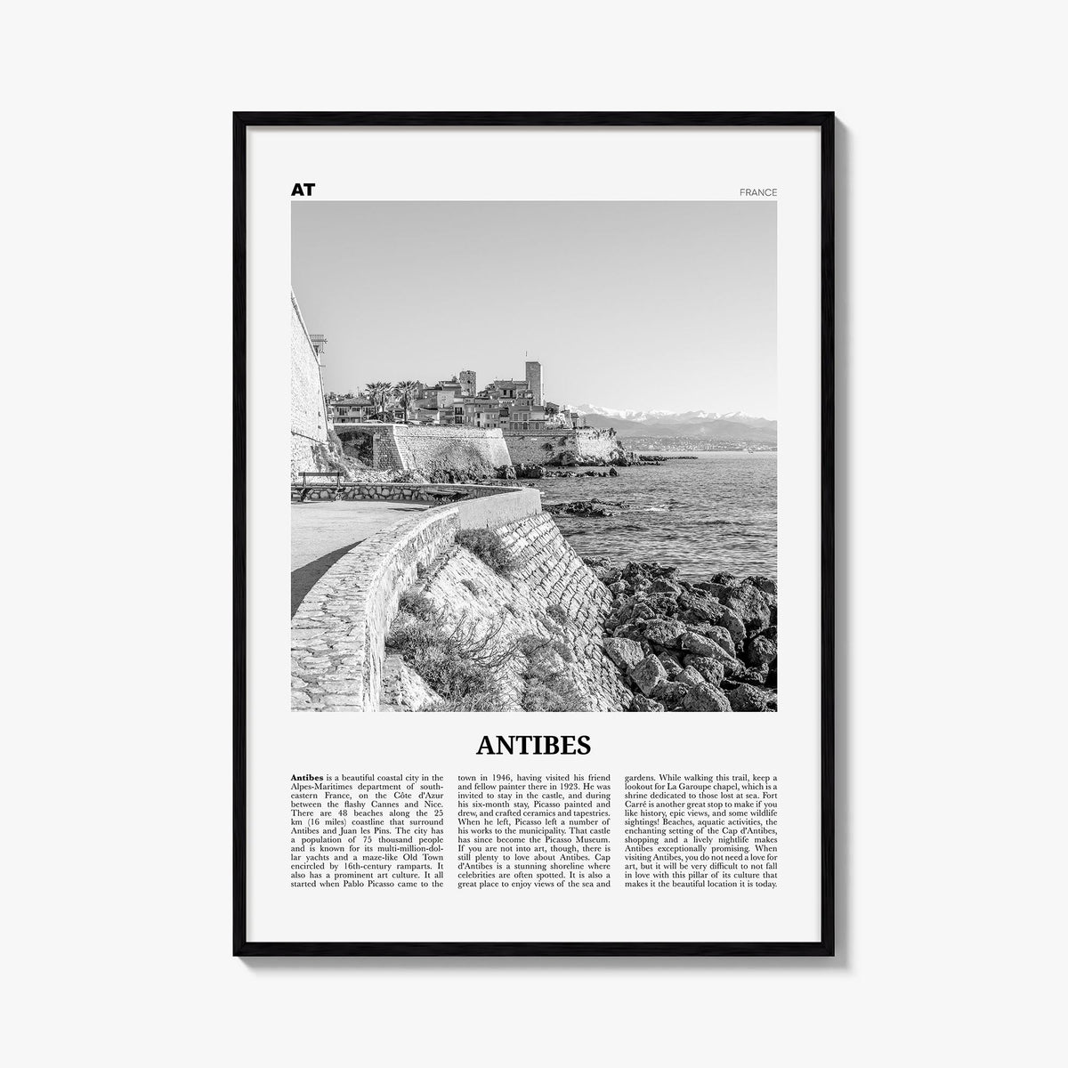 Antibes black & white newspaper poster of France – vertical wall art, unframed print shown in interior mockup