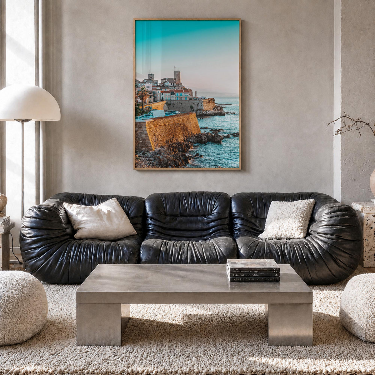 Antibes colorful photo poster of France – vertical wall art in natural wood frame, hanging on wall