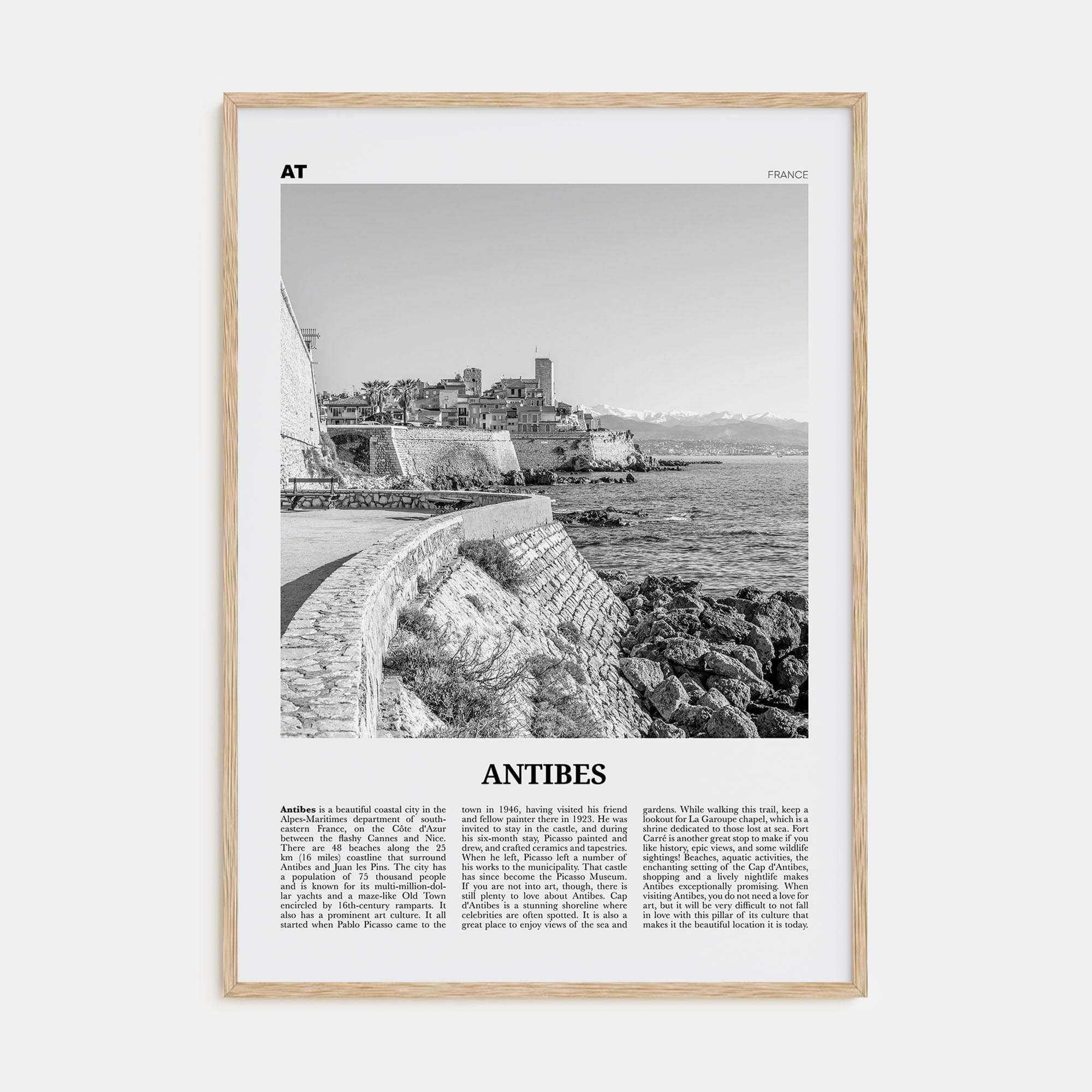 Antibes Poster Natural Wood / 8x12 in Nbourhood Travel B&W Poster