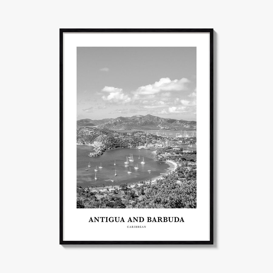 Antigua and Barbuda black & white classic poster of Caribbean – vertical wall art, unframed print shown in interior mockup