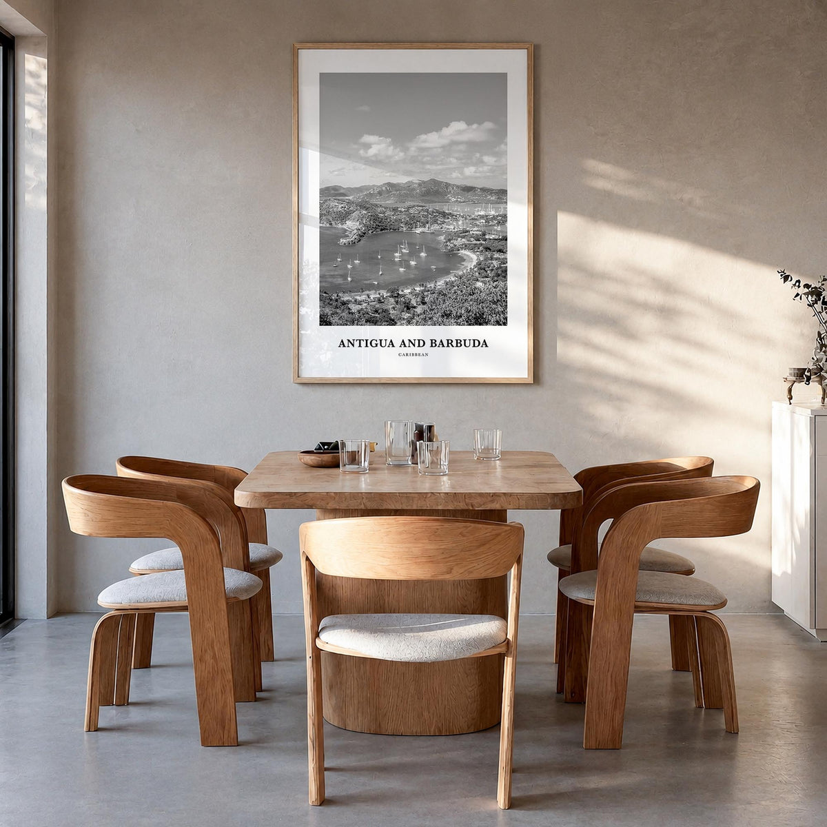 Antigua and Barbuda black & white classic poster of Caribbean – vertical wall art in natural wood frame, hanging on wall