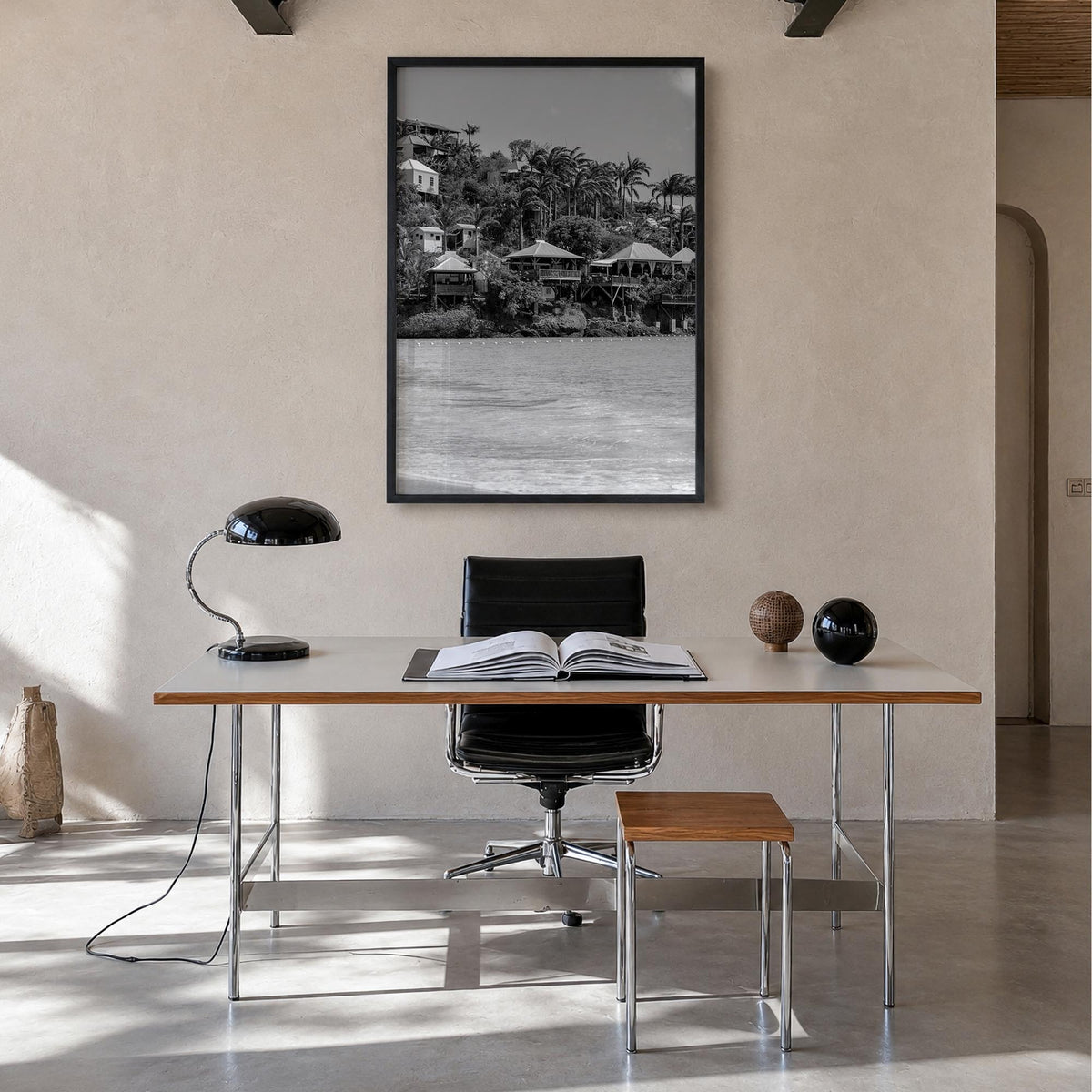 Antigua and Barbuda black & white photo poster of Caribbean – vertical wall art in black wood frame, hanging on wall